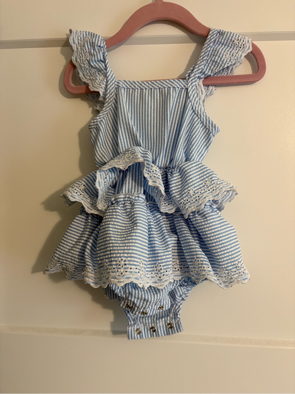 Rachel Zoe Light Blue and White Striped Ruffle One-Piece